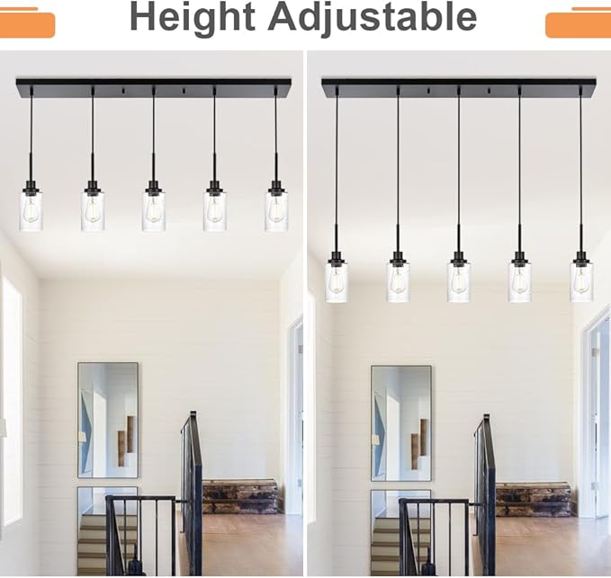 TODOLUZ 5-Lights Pendant Light Fixtures, Kitchen Island Lighting with Adjustable Cord, Hanging Ceiling Lamp Seeded Glass for Dining Room Pool Table