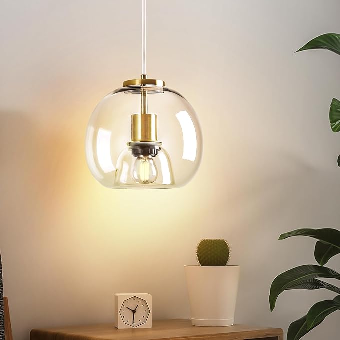 Modern Pendant Lighting Kitchen Island Gold Hanging Light Globe Clear Glass Pendant Light Fixture for Kitchen, Bedroom & Dining Room (7.87", 1 Pack)