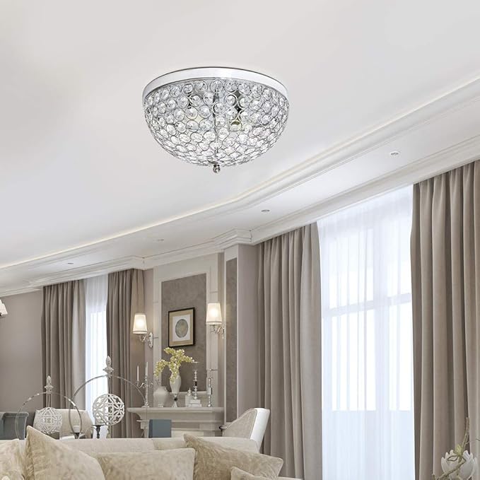 Elegant Designs FM1000-CHR Elipse Crystal 13 Inch Modern Metal 2 Light Bowl Shaped Ceiling Flush Mount Fixture, Chrome