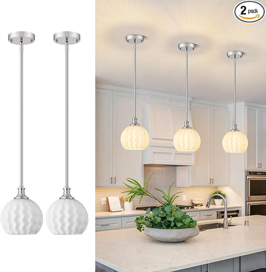 Brushed Nickel Pendant Lights Kitchen Island 2 Pack, 7.3" Modern Farmhouse Milk Glass Globe Light Fixtures with Adjustable Rods, Hanging Ceiling Lighting for Sink, Hallway (E26 Base)