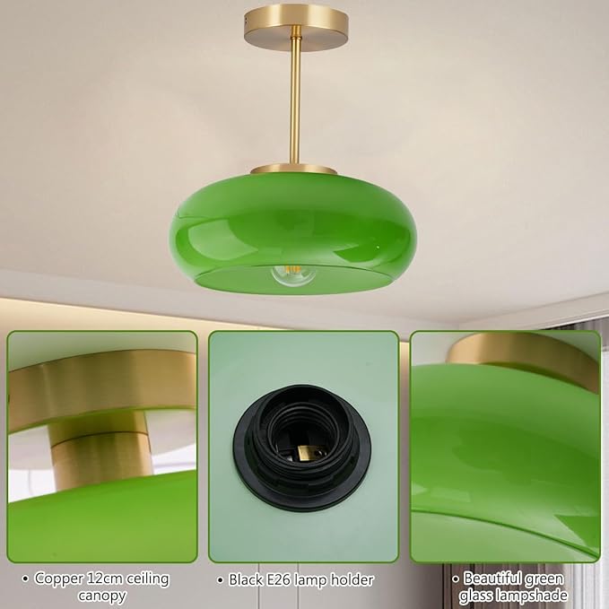 Green Glass Ceiling Light - Mid Century Modern Semi Flush Mount with Green Dome Glass Shade and Gold Brass Finish - Vintage Hallway Light Fixture Hallway Dining Room Kitchen Sink
