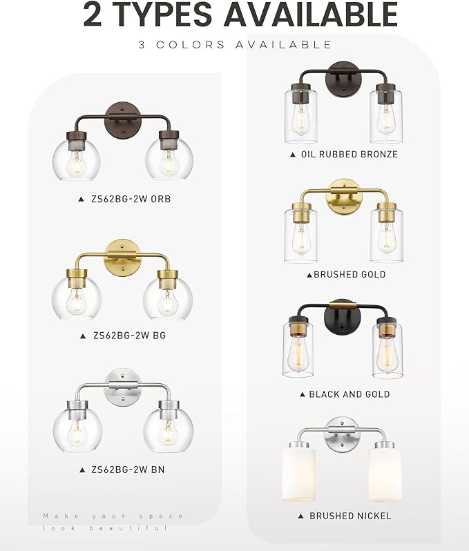 zeyu 16 Inch Wall Sconce Lighting for Bathroom, Gold Bathroom Vanity Light, 2-Light Vanity Lights with Clear Glass Globe Glass, Brushed Gold Finish, ZS62BG-2W BG