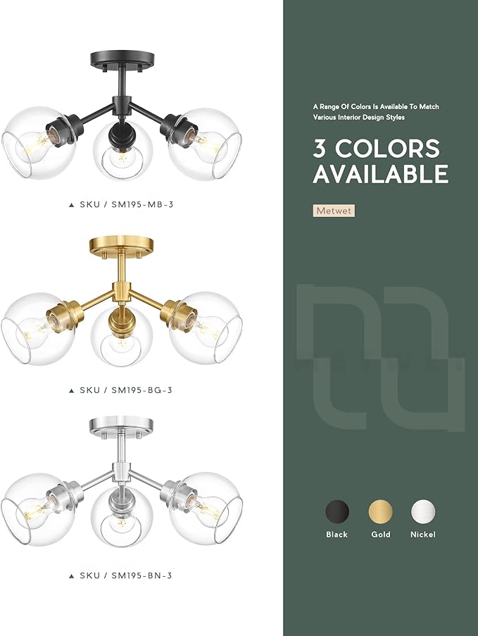 3-Light Semi Flush Mount Ceiling Light, Modern Light Fixtures Ceiling Mount with Globe Clear Glass Shade, Brushed Nickel Light Fixtures for Kitchen Entryway Hallway Bedroom, SM195-BN-3