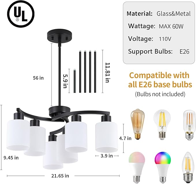 6-Light Modern Farmhouse Black Chandelier,22 inch Dining Room Light Fixture,Contemporary Glass Chandelier Adjustable Height Hanging Pendant Lights Kitchen Island,Glass Shade