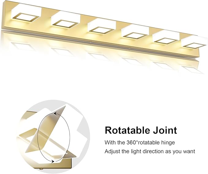 Ralbay Modern Gold Vanity Lights 6 Lights LED Modern Gold Vanity Lights Over Mirror Fixture Acrylic Gold Bathroom Vanity Wall Light (White Light 6000K)