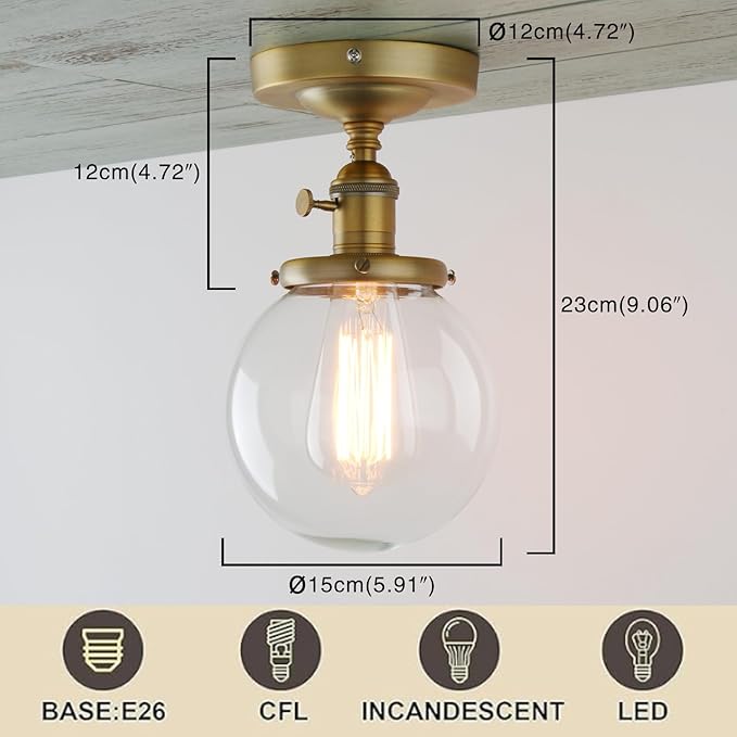 PERMO Semi Flush Mount Ceiling Light Modern Globe Clear Glass Shade Industrial Hallway Light Fixtures for Kitchen, Bathroom, Farmhouse Ceiling Light for Entryway (Antique Gold)
