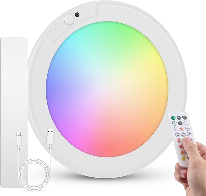 Bojim Rechargeable RGB Waterproof Shower Ceiling Light for Bathroom Inside, 13 Color Changing Motion Sensor Wireless LED Mood Battery Operated Wall Lights with Remote for Bedroom Party