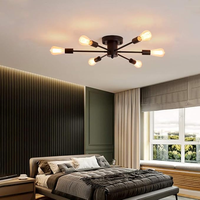 UOFUS 6 Lights Sputnik Semi Flush Mount Ceiling Light Matte Black Modern Edison Chandelier Industrial Close to Ceiling Light for Farmhouse Dining Room Kitchen Bedroom Living Room Study