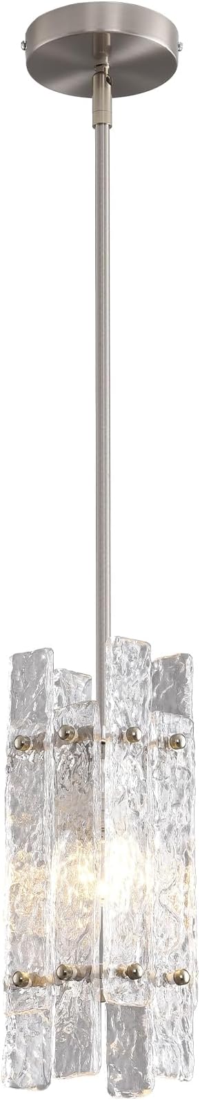Brushed Nickel Crystal Pendant Light for Kitchen Island, Modern Luxury Mini Water Ripple Glass Chandelier Fixture, Square Adjustable Hanging Pendant Lighting for Dining Room Bedroom Hallway (1-Pack)