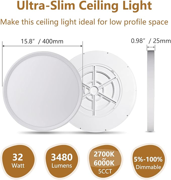 15.8inch Dimmable LED Flush Mount Ceiling Light, 32W, 3480LM, 2700K/3000K/4000K/5000K/6000K CCT Selectable,LED Round Flat Panel Light Dimmable from 5% to 100% for Bedroom,Kitchen,Hallway, White 4PK