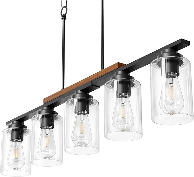 VONLUCE Dining Room Light Fixture Over Table, 5-Light Kitchen Island Lighting with Glass Shade and Adjustable Rods, Farmhouse Linear Chandelier Pendant Light for Kitchen Living Room, Matte Black