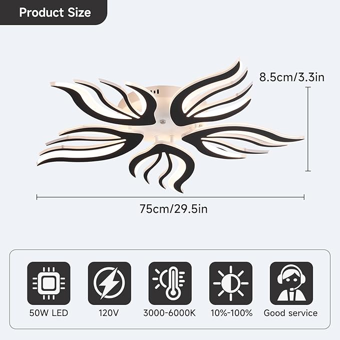 Becailyer 29.5" Flower Shaped Ceiling Light, Dimmable Modern LED Ceiling Lights with Remote Control, 5-Petals Flush Mount Ceiling Lamp for Living Room Bedroom Dining Room, Black
