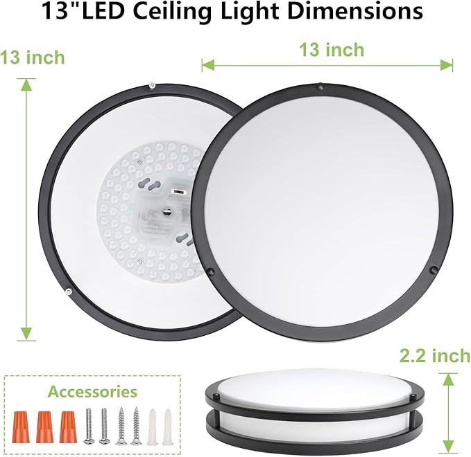 Flush Mount Ceiling Light - 2 Pack 36W 3000K/3500K/4000K/5000K/6000K Dimmable Led Ceiling Light Fixture for Kitchen Hallway Bedroom Bathroom (2, Black, 13 Inch)