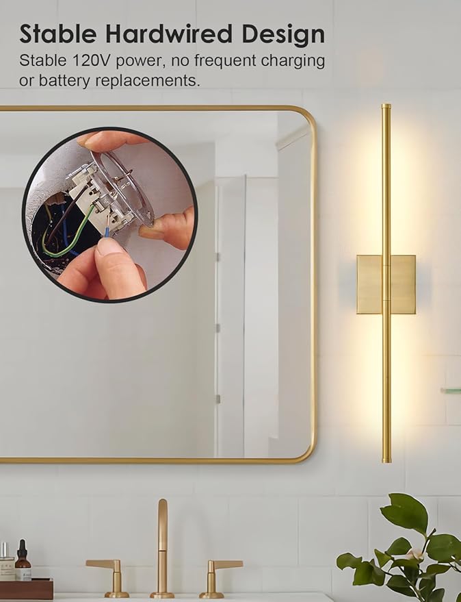 KARTOOSH 27.8 Inch Hardwired Wall Sconces Set of Two, 3000K Warm White Dimmable Modern Wall Sconces, 350° Rotate LED Light Fixtures Wall Lamp for Bathroom Living Room Bedroom Bedside, Brushed Brass