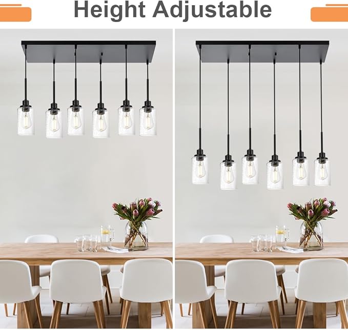 TODOLUZ 6-Lights Black Kitchen Island Light, Linear Pendant Lighting Fixtures with Seeded Glass, Farmhouse Dining Room Chandelier Hanging Lights for Restaurant Living Room