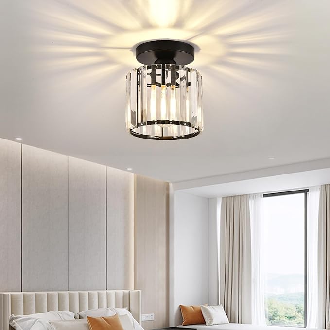 Semi Flush Mount Ceiling Light, Crystal Ceiling Light Black Crystal Chandelier for Kitchen Hallway Entrance Balcony Dining Rooms Living Rooms