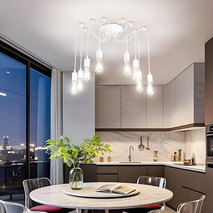 Finktonglan 8-Light Spider Pendant Chandelier, Adjustable 48.4" Cords, E26 Sockets, White Modern Farmhouse Multi-Light Ceiling Fixture for Kitchen Island, Dining Room & Entryway