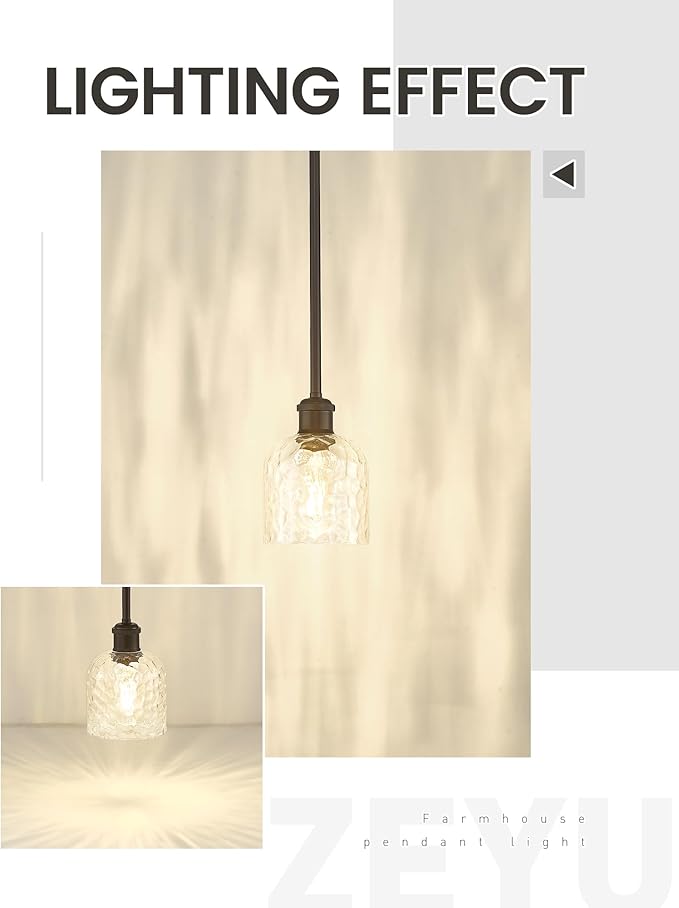 zeyu Bronze Adjustable Pendant Lighting, 2 Pack Hanging Kitchen Lights, 1-Light Farmhouse Glass Pendant Light with Clear Hammered Glass, Oil Rubbed Bronze Finish, ZJF63MIL-2PK ORB
