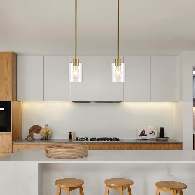 Modern Farmhouse Brass Gold Pendant Lights, Mini Hanging Light Fixture with Clear Glass Shade, Adjustable Rods for Kitchen Island, Sink, Bar (1 Pack)