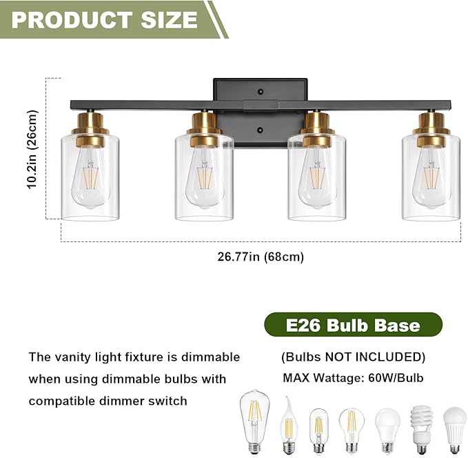 Unicozin Modern Bathroom Light Fixtures, 4 Light Vanity Lights Over Mirror, Black and Gold Wall Lamp with Clear Glass for Living Room Cabinet Bedroom Porch