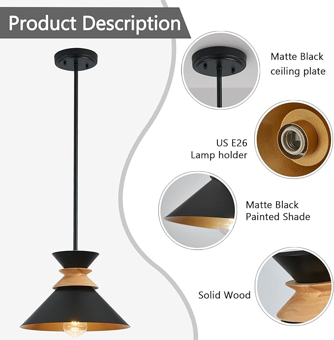12 Inch Black Pendant Lights Kitchen Island Hanging Light Fixtures Adjustable Rod Height Pendant Lighting for Dining Room 1 Pack