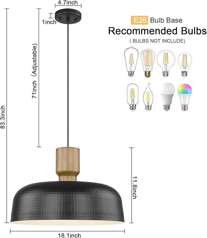 Farmhouse Pendant Lights, 2pcs Adjustable Hanging Light Fixtures with Hammered Metal Shade, 18.1 Inch Pendant Lighting for Kitchen Island, Black
