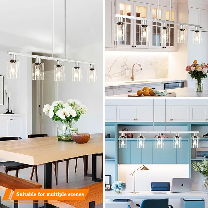 Brushed Nickel 5-Light Kitchen Island Lighting with Clear Glass Shades, Adjustable Island Light for Kitchen, Dining Room Light Fixture Over Table, Kitchen Pendant Lighting for Kitchen Island