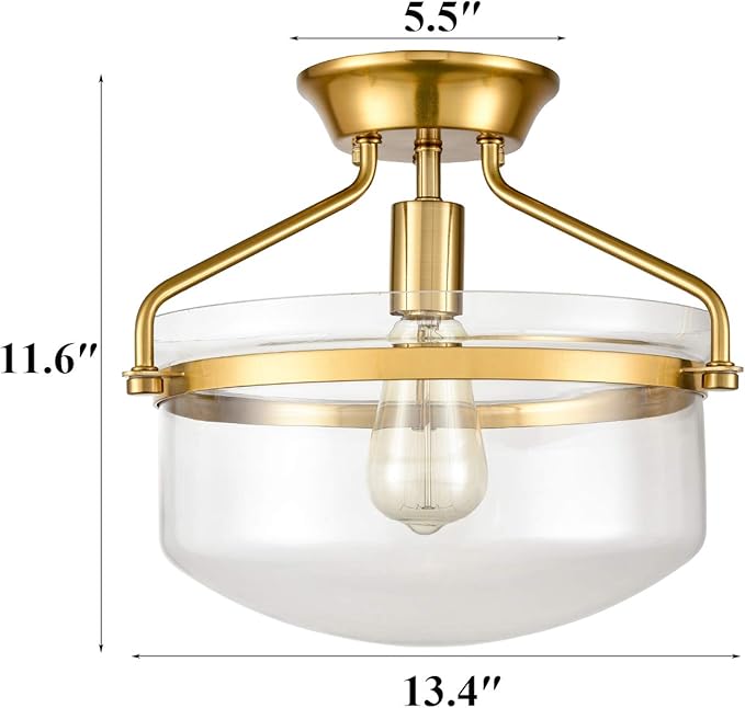 YUBOLE Mid-Century Ceiling Light Gold Semi Flush Mount Light Fixture with Clear Dome Glass Shade-13.4" Wide for Kitchen Hallway Bathroom Bedroom