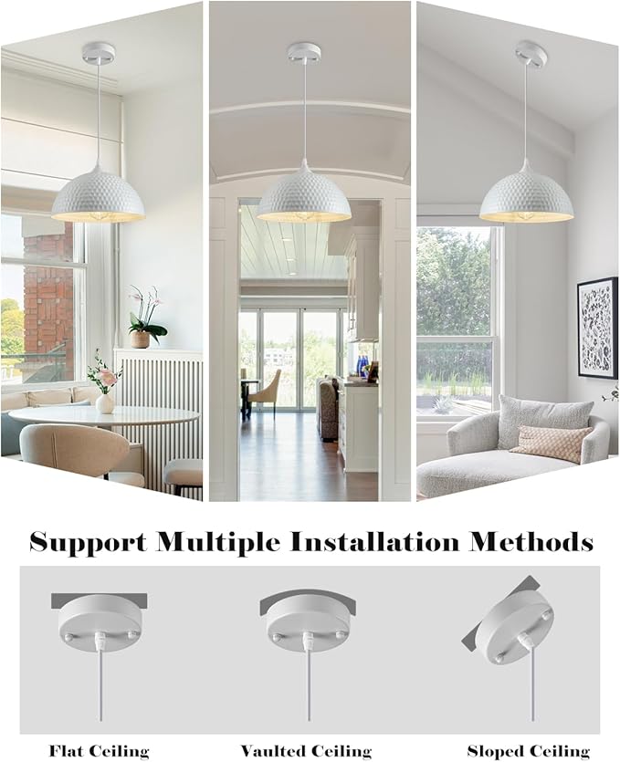 Hammered Dome Pendant Light 1 Pack, White Pendant Lights, 12 Inch Metal Industrial Pendant Light, Kitchen Island Pendant Lights for Kitchen, Dining Room, Bar