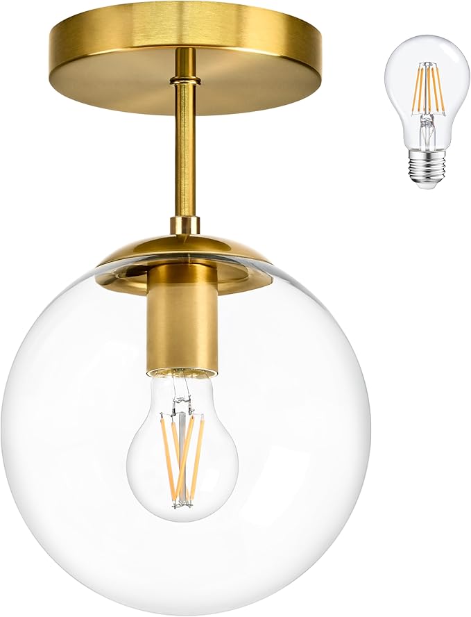 8 Inch Gold Semi Flush Mount Ceiling Light Fixture Clear Glass Globe Ceiling Light Fixture Modern Hallway Light Fixtures Mid Century Ceiling Light Brass Finish for Entryway Bedroom (Bulb Incl.)