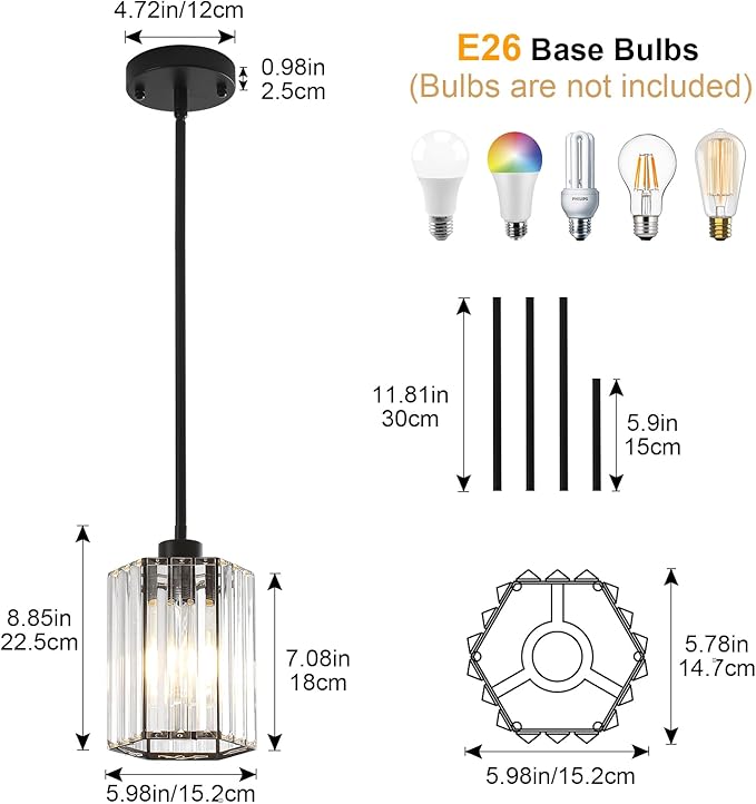 Black Pendant Lights, 3 Pack Crystal Pendant Lights Kitchen Island Lighting, 1-Light Modern Hexagonal Crystal Island Lights for Kitchen, Dining Room, Hallway, Foyer, Entryways