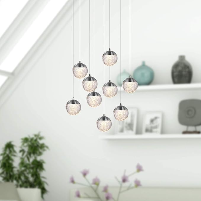 contec development Galaxy 9 Mini Pendant Crystall Ball Lighting Nickel - LED Hanging Light Fixture: Kitchen Island, Bar, Foyer - Cluster Pendants - Dimmable, Adjustable Wire, Lamp Bulb Included