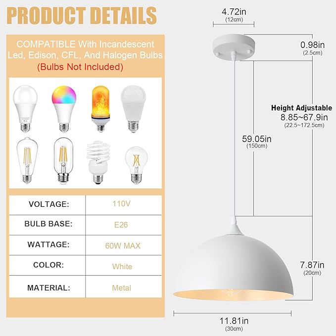 3 Pack White Pendant Lights Kitchen Island 11.8" Modern Dome Pendant Light Fixtures Farmhouse Industrial Vintage Hanging Ceiling Light Fixture for Dining Room Foyer Hallway Bar Cafe Kitchen