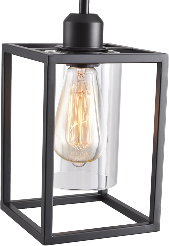 3 Pack Stem Rod Black Pendant Lights for Kitchen Island Industrial Lantern Pendant Light Fixtures with Clear Glass Shade, Farmhouse Adjustable Height Hanging Pendant Lighting
