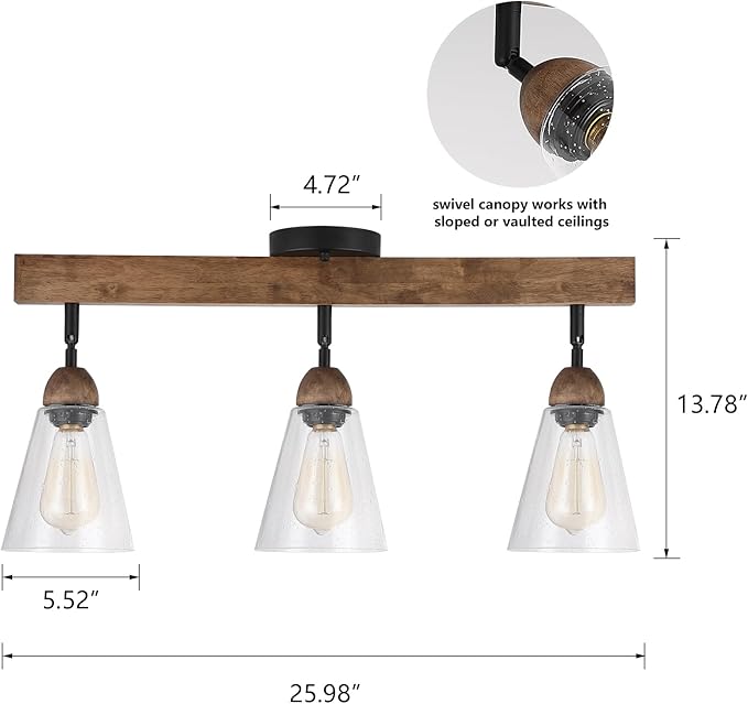 3-Light Large Rustic Farmhouse Wood Flush Mount Ceiling Light Fixture Clear Seeded Glass Shade and Oak Wood Track Semi Flush Mount Ceiling Light for Kitchen Living Room Bedroom Indoor, Black