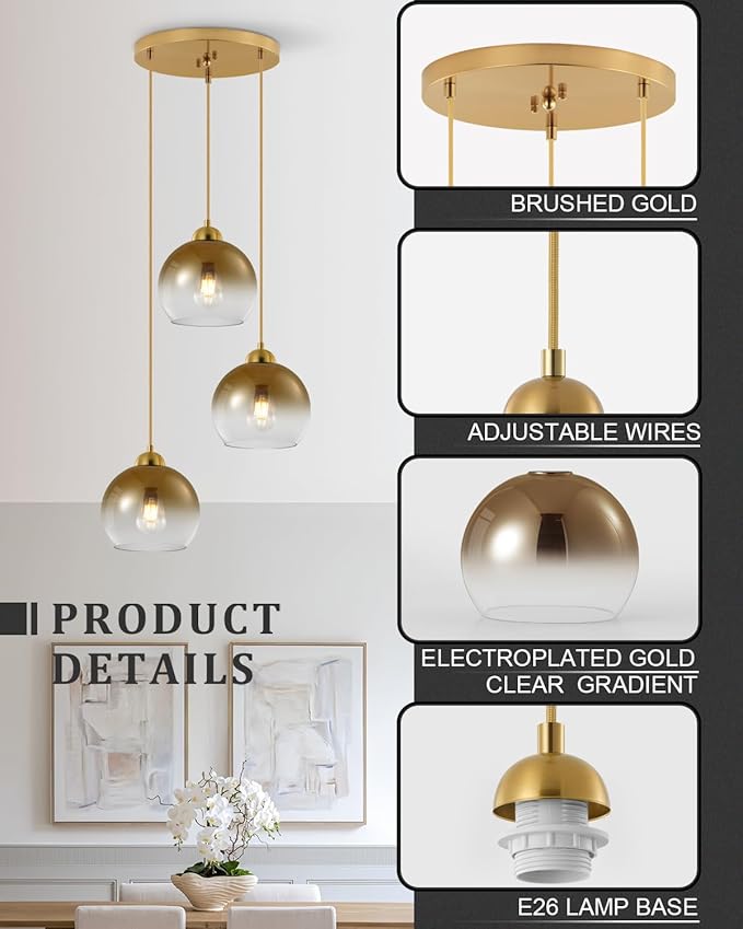 Modern Gradient Gold Glass Pendant Light,3-Light Globe Adjustable Hanging Pendant Light for Bedroom Kitchen Island Dining Room Stairwell