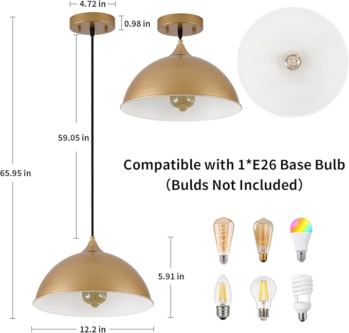 Pendant Lighting for Kitchen Island, 2 Pack 12" Dome Pendant Light Fixtures with Gold and White Finish Industrial Hanging Pendant Light for Dining Room