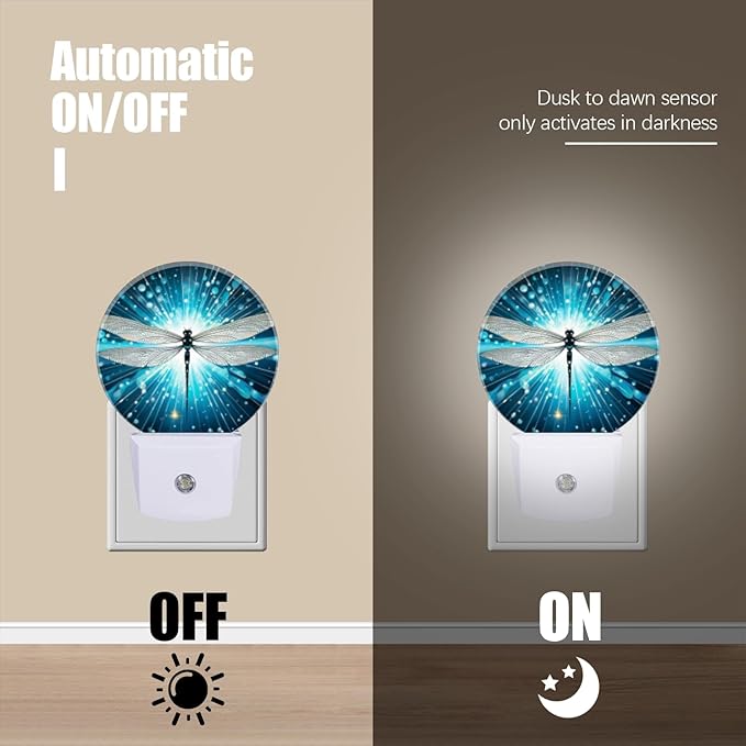 Round LED Night Lights Lamp with Dusk to Dawn Sensor, Dragonfly Shiny Abstract Night Light Plug Into Wall for Kids Room, Bedroom, Bathroom, Kitchen, Hallway