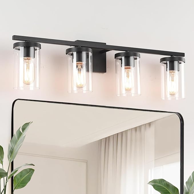 27in Bathroom Light Fixture Over Mirror, 4-Light Matte Black Vanity Lights with Clear Glass Shades, Modern Wall Sconces for Living Room, Bedroom, Hallway, E26 Base