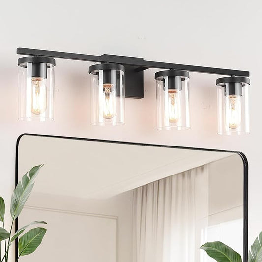 27in Bathroom Light Fixture Over Mirror, 4-Light Matte Black Vanity Lights with Clear Glass Shades, Modern Wall Sconces for Living Room, Bedroom, Hallway, E26 Base