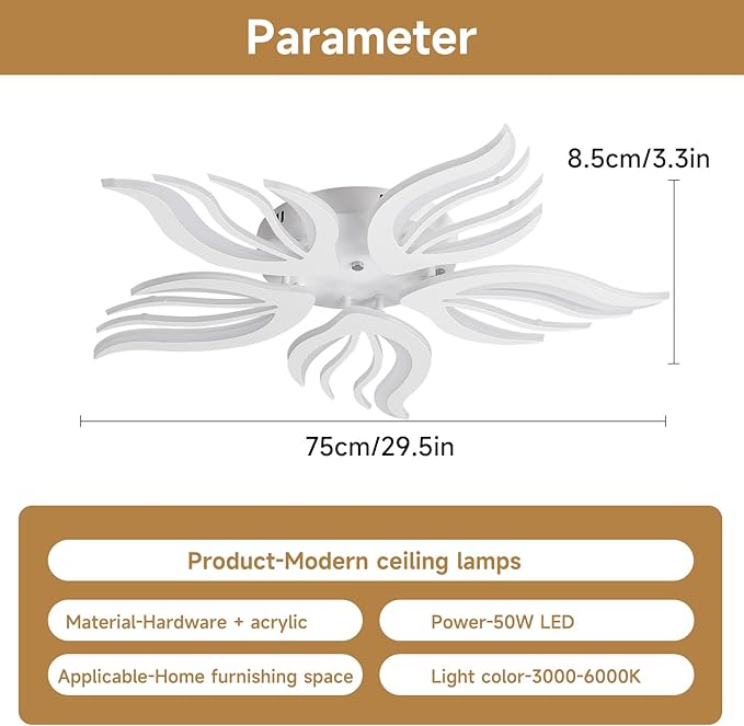 Becailyer Modern Flower Ceiling Light, 29.5" Flush Mount Ceiling Lamp, 50W Dimmable LED Ceiling Lighting Fixtures, 5-Petals Acrylic Close to Ceiling Light for Living Room Bedroom Dining Room, White