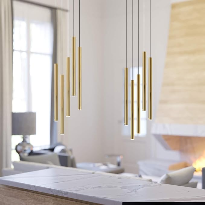 CANALIS 5 Mini Pendant Lighting Brass - LED Hanging Light Fixture for Kitchen Island, Bar, Foyer - Cluster Pendants - Dimmable, Adjustable Wire, Lamp Bulb Included