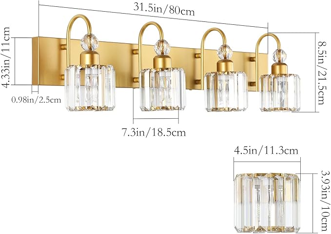 Ralbay Gold Vanity Lights 4-Lights Gold Crystal Bathroom Vanity Lights Over Mirror Modern Crystal Bathroom Wall Lighting Fixtures