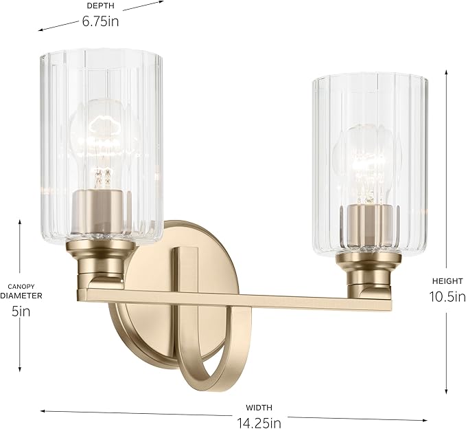 Kichler Gioe 2-Light Vanity Light Fixture 14.25" Bathroom Light with Clear Fluted Glass in Champagne Bronze for Bathroom Vanity Over Mirror (14.25" W x 10.5" H), 55225CPZFLU