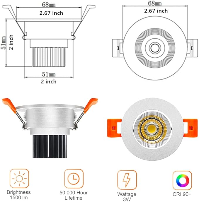 LightingWill 2inch LED Dimmable Downlight, 3W COB Recessed Ceiling Light, Ultra Warm White 2700K, CRI80, 25W Halogen Bulbs Equivalent, Silver(10Pack)