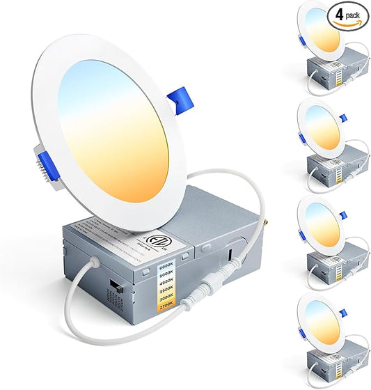 Ensenior 4 Pack 4 Inch LED Recessed Ceiling Light, Dimmable, 2700K-6000K 6CCT, 750LM 9W 120V, High Brightness Canless Wafer Downlight - ETL&FCC&IC