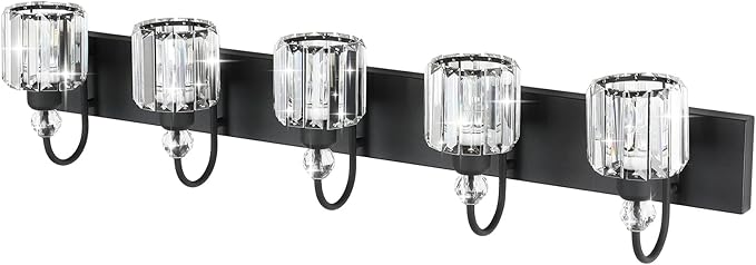 Ralbay Modern Crystal Black 5-Light Bathroom Vanity Light, Matte Black Crystal Bath Wall Light Fixtures
