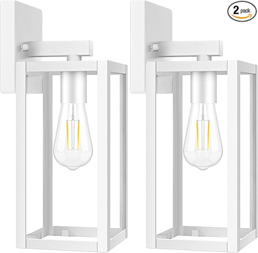 Brightever 2-Pack Outdoor Wall Light Fixtures, Waterproof Anti-Rust Outside Wall Sconce Lantern with Clear Glass, Exterior Front Porch Lights for House Garage Doorway, Bulbs Not Included, White