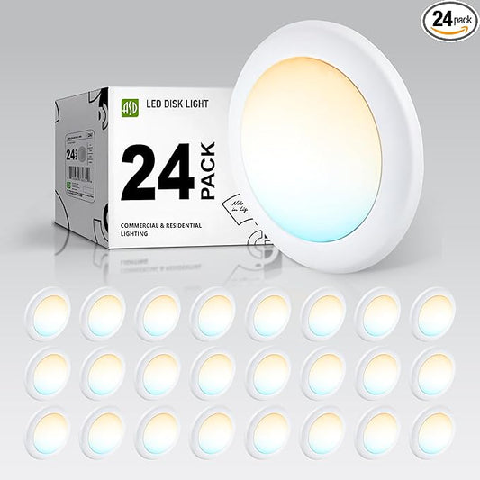ASD 24 Pack LED Disk Lights 6 Inch, 15W 5CCT 2700K-5000K 1245LM CRI90+, Dimmable Flush Mount Ceiling Light Fixture, Low Profile Surface Mount Disc, Junction Box or Recessed Can Install, UL Energy Star