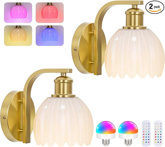 Rechargeable Battery Operated Wall Sconce Set of Two with Milky White Glass Lampshade, Wireless Wall Scone Decor with Remote Control, 15 Colors Gold Wall Light for Bedside Hallway Bedroom Doorway